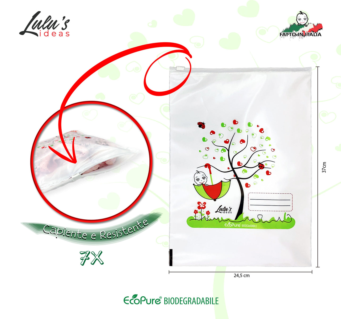 Trasparenti e con Elegante Effetto Perlato. Impermeabile e con Chiusura ermetica con Cursore che aiuta a mantenere i cambi protetti dagli agenti nocivi esterni come umidità, polveri e batteri. Resistenti e Cappienti (24,5cm x 37cm) da poter contenere tutto il necessario per ogni cambio. Biodegradabile: Elaborata con PE Ecopure che facilita la biodegradabilitá del PE in rispetto dell'ambiente.